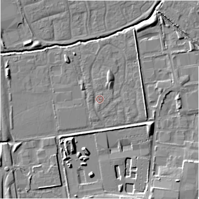 Shaded relief map of the ground around SN35LJ, computed from Environment Agency LiDAR. The ground here sits at about 95 m above sea level and falls 11 m across the surrounding 800 m. Surface water reaching this point runs off ground lying to the west-north-west, 1.0 m higher.