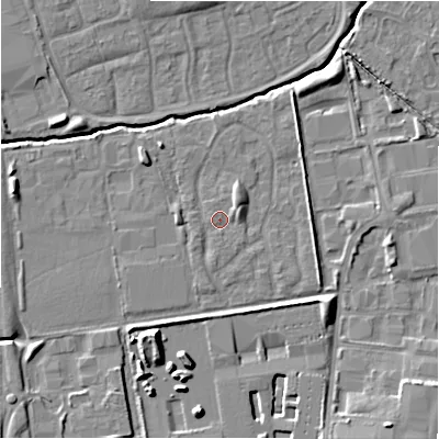 Shaded relief map of the ground around SN35LL, computed from Environment Agency LiDAR. The ground here sits at about 95 m above sea level and falls 12 m across the surrounding 800 m. Surface water reaching this point runs off ground lying to the north-east, 2.1 m higher.