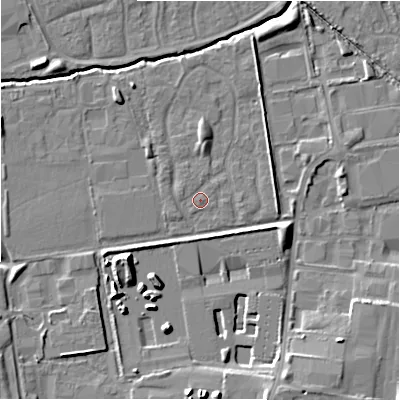 Shaded relief map of the ground around SN35LN, computed from Environment Agency LiDAR. The ground here sits at about 95 m above sea level and falls 11 m across the surrounding 800 m. Surface water reaching this point runs off ground lying to the west-north-west, 0.7 m higher.