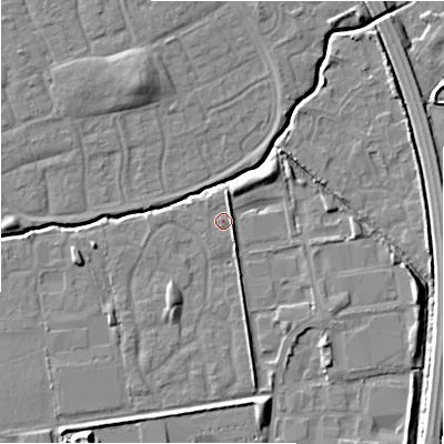 Shaded relief map of the ground around SN35LS, computed from Environment Agency LiDAR. The ground here sits at about 95 m above sea level and falls 12 m across the surrounding 800 m. Surface water reaching this point runs off ground lying to the south-east, 3.0 m higher.