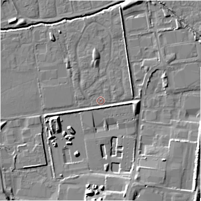 Shaded relief map of the ground around SN35LW, computed from Environment Agency LiDAR. The ground here sits at about 95 m above sea level and falls 13 m across the surrounding 800 m. Surface water reaching this point runs off ground lying to the west-south-west, 3.0 m higher.