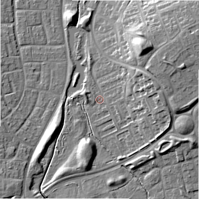Shaded relief map of the ground around SN36AX, computed from Environment Agency LiDAR. The ground here sits at about 103 m above sea level and falls 17 m across the surrounding 800 m. Surface water reaching this point runs off ground lying to the east-north-east, 11.1 m higher.