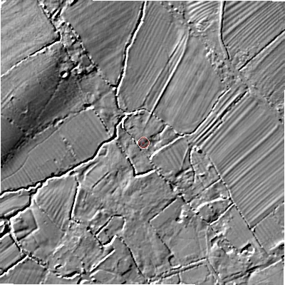 Shaded relief map of the ground around SN40AB, computed from Environment Agency LiDAR. The ground here sits at about 97 m above sea level and falls 6 m across the surrounding 800 m. Surface water reaching this point runs off ground lying to the south-east, 4.3 m higher.