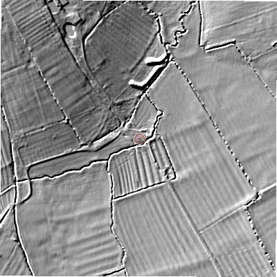 Shaded relief map of the ground around SN40AU, computed from Environment Agency LiDAR. The ground here sits at about 94 m above sea level and falls 11 m across the surrounding 800 m. Surface water reaching this point runs off ground lying to the south-south-east, 4.2 m higher.