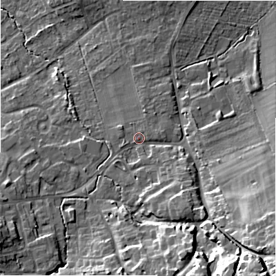 Shaded relief map of the ground around SN40SA, computed from Environment Agency LiDAR. The ground here sits at about 116 m above sea level and falls 27 m across the surrounding 800 m. Surface water reaching this point runs off ground lying to the south-south-east, 7.0 m higher.