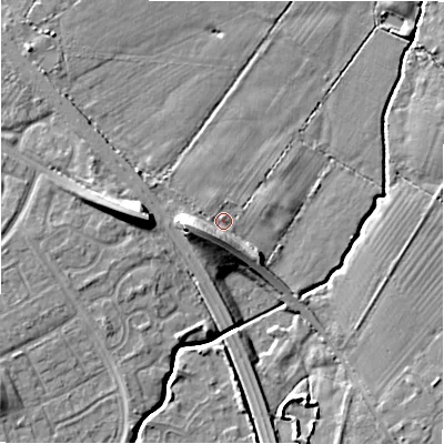 Shaded relief map of the ground around SN40SN, computed from Environment Agency LiDAR. The ground here sits at about 95 m above sea level and falls 12 m across the surrounding 800 m. Surface water reaching this point runs off ground lying to the west, 7.8 m higher.