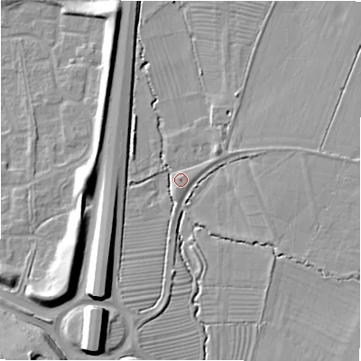 Shaded relief map of the ground around SN40SW, computed from Environment Agency LiDAR. The ground here sits at about 104 m above sea level and falls 18 m across the surrounding 800 m. Surface water reaching this point runs off ground lying to the south-south-west, 6.2 m higher.