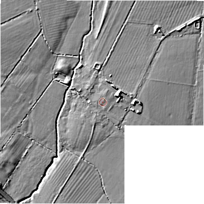 Shaded relief map of the ground around SN40UY, computed from Environment Agency LiDAR. The ground here sits at about 93 m above sea level and falls 8 m across the surrounding 800 m. The ground contributing surface water to this point lies to the north-east.