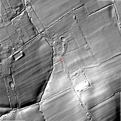 Shaded relief map of the ground around SN47RX, computed from Environment Agency LiDAR. The ground here sits at about 101 m above sea level and falls 20 m across the surrounding 800 m. Surface water reaching this point runs off ground lying to the south-east, 14.3 m higher.