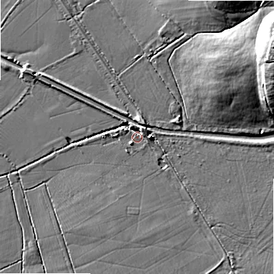 Shaded relief map of the ground around SN48QR, computed from Environment Agency LiDAR. The ground here sits at about 99 m above sea level and falls 20 m across the surrounding 800 m. Surface water reaching this point runs off ground lying to the north-east, 2.2 m higher.