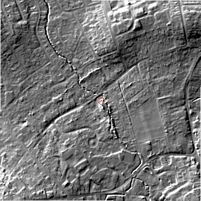 Shaded relief map of the ground around SN49AP, computed from Environment Agency LiDAR. The ground here sits at about 112 m above sea level and falls 22 m across the surrounding 800 m. Surface water reaching this point runs off ground lying to the south-south-west, 12.0 m higher.