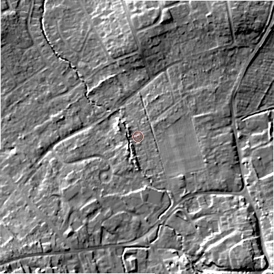 Shaded relief map of the ground around SN49AR, computed from Environment Agency LiDAR. The ground here sits at about 113 m above sea level and falls 23 m across the surrounding 800 m. Surface water reaching this point runs off ground lying to the south, 3.3 m higher.