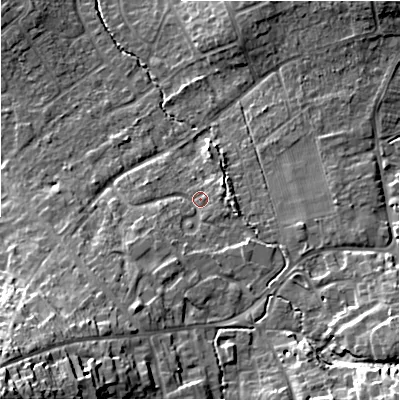 Shaded relief map of the ground around SN49AT, computed from Environment Agency LiDAR. The ground here sits at about 114 m above sea level and falls 31 m across the surrounding 800 m. Surface water reaching this point runs off ground lying to the south-west, 25.9 m higher.