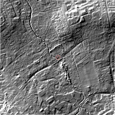 Shaded relief map of the ground around SN49AZ, computed from Environment Agency LiDAR. The ground here sits at about 112 m above sea level and falls 19 m across the surrounding 800 m. Surface water reaching this point runs off ground lying to the south-south-west, 8.7 m higher.