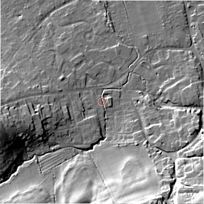 Shaded relief map of the ground around SN49DA, computed from Environment Agency LiDAR. The ground here sits at about 117 m above sea level and falls 41 m across the surrounding 800 m. Surface water reaching this point runs off ground lying to the west-south-west, 3.4 m higher.