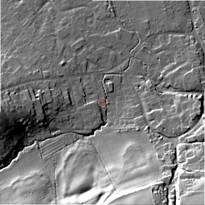 Shaded relief map of the ground around SN49DE, computed from Environment Agency LiDAR. The ground here sits at about 118 m above sea level and falls 48 m across the surrounding 800 m. Surface water reaching this point runs off ground lying to the south-south-west, 3.6 m higher.