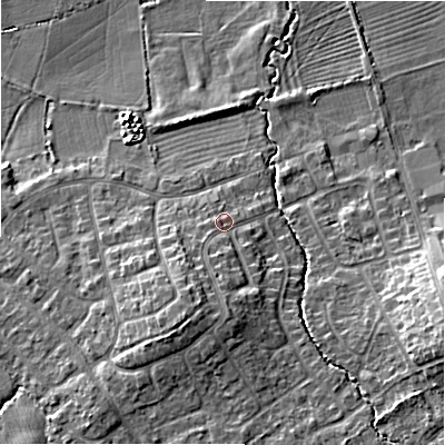 Shaded relief map of the ground around SN49DT, computed from Environment Agency LiDAR. The ground here sits at about 108 m above sea level and falls 13 m across the surrounding 800 m. Surface water reaching this point runs off ground lying to the south-south-west, 4.8 m higher.
