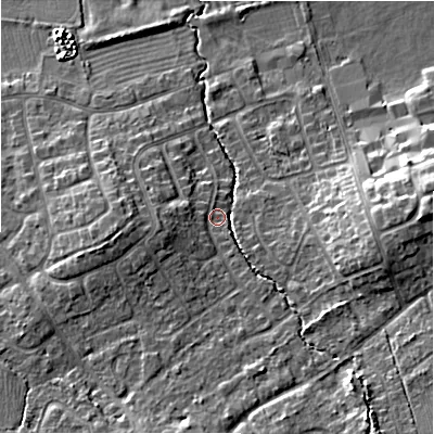 Shaded relief map of the ground around SN49HE, computed from Environment Agency LiDAR. The ground here sits at about 109 m above sea level and falls 13 m across the surrounding 800 m. Surface water reaching this point runs off ground lying to the east, 8.3 m higher.