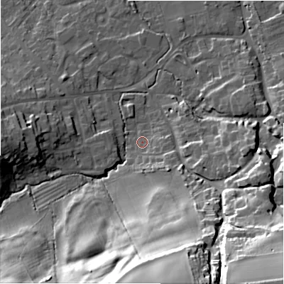 Shaded relief map of the ground around SN49JN, computed from Environment Agency LiDAR. The ground here sits at about 118 m above sea level and falls 51 m across the surrounding 800 m. Surface water reaching this point runs off ground lying to the south-east, 2.8 m higher.