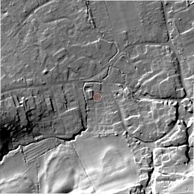 Shaded relief map of the ground around SN49JW, computed from Environment Agency LiDAR. The ground here sits at about 116 m above sea level and falls 42 m across the surrounding 800 m. Surface water reaching this point runs off ground lying to the south, 35.3 m higher.