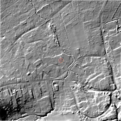 Shaded relief map of the ground around SN49LW, computed from Environment Agency LiDAR. The ground here sits at about 115 m above sea level and falls 24 m across the surrounding 800 m. Surface water reaching this point runs off ground lying to the north, 0.6 m higher.