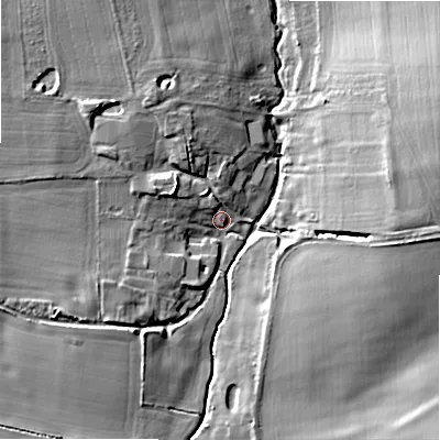 Shaded relief map of the ground around SN49NF, computed from Environment Agency LiDAR. The ground here sits at about 161 m above sea level and falls 16 m across the surrounding 800 m. Surface water reaching this point runs off ground lying to the north-north-west, 9.1 m higher.