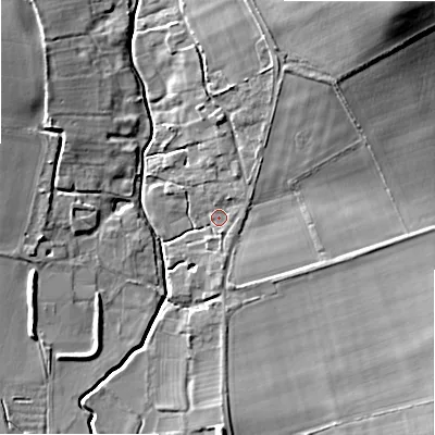 Shaded relief map of the ground around SN49NW, computed from Environment Agency LiDAR. The ground here sits at about 157 m above sea level and falls 26 m across the surrounding 800 m. Surface water reaching this point runs off ground lying to the north-east, 23.1 m higher.