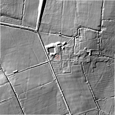 Shaded relief map of the ground around SN49QJ, computed from Environment Agency LiDAR. The ground here sits at about 104 m above sea level and falls 10 m across the surrounding 800 m. Surface water reaching this point runs off ground lying to the north-west, 1.3 m higher.
