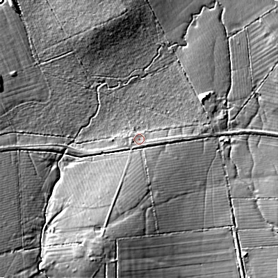 Shaded relief map of the ground around SN50AA, computed from Environment Agency LiDAR. The ground here sits at about 90 m above sea level and falls 10 m across the surrounding 800 m. Surface water reaching this point runs off ground lying to the south-east, 2.0 m higher.