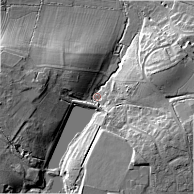 Shaded relief map of the ground around SN53PA, computed from Environment Agency LiDAR. The ground here sits at about 100 m above sea level and falls 20 m across the surrounding 800 m. Surface water reaching this point runs off ground lying to the west, 16.7 m higher.