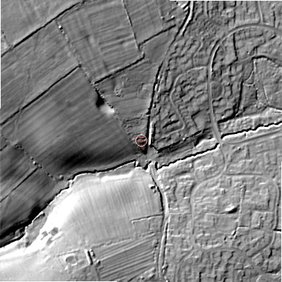Shaded relief map of the ground around SN53PN, computed from Environment Agency LiDAR. The ground here sits at about 100 m above sea level and falls 25 m across the surrounding 800 m. Surface water reaching this point runs off ground lying to the north-west, 7.4 m higher.