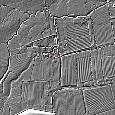 Shaded relief map of the ground around SN54JB, computed from Environment Agency LiDAR. The ground here sits at about 83 m above sea level and falls 10 m across the surrounding 800 m. Surface water reaching this point runs off ground lying to the south-south-west, 8.7 m higher.