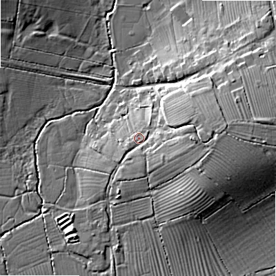 Shaded relief map of the ground around SN54JE, computed from Environment Agency LiDAR. The ground here sits at about 86 m above sea level and falls 13 m across the surrounding 800 m. Surface water reaching this point runs off ground lying to the east, 7.0 m higher.