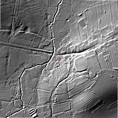 Shaded relief map of the ground around SN54JF, computed from Environment Agency LiDAR. The ground here sits at about 83 m above sea level and falls 14 m across the surrounding 800 m. Surface water reaching this point runs off ground lying to the east, 11.9 m higher.