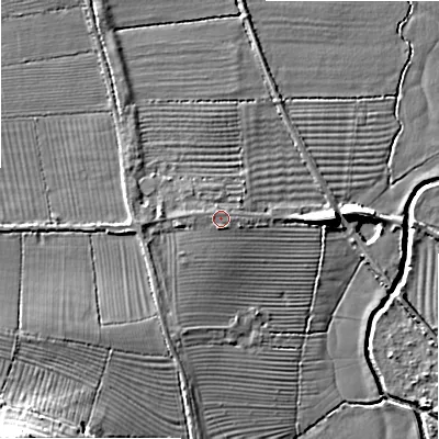 Shaded relief map of the ground around SN54JN, computed from Environment Agency LiDAR. The ground here sits at about 85 m above sea level and falls 17 m across the surrounding 800 m. Surface water reaching this point runs off ground lying to the south, 0.8 m higher.