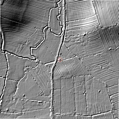 Shaded relief map of the ground around SN54JQ, computed from Environment Agency LiDAR. The ground here sits at about 81 m above sea level and falls 12 m across the surrounding 800 m. Surface water reaching this point runs off ground lying to the south, 2.4 m higher.