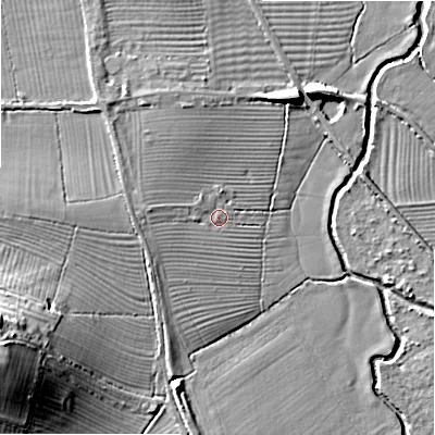 Shaded relief map of the ground around SN54JW, computed from Environment Agency LiDAR. The ground here sits at about 84 m above sea level and falls 20 m across the surrounding 800 m. Surface water reaching this point runs off ground lying to the west, 2.8 m higher.