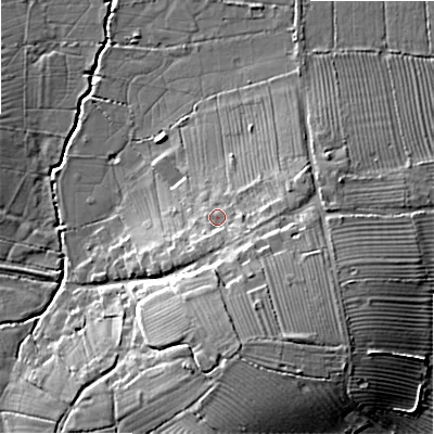 Shaded relief map of the ground around SN54LA, computed from Environment Agency LiDAR. The ground here sits at about 87 m above sea level and falls 14 m across the surrounding 800 m. Surface water reaching this point runs off ground lying to the south-east, 5.5 m higher.
