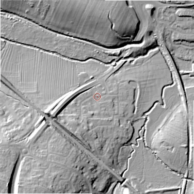 Shaded relief map of the ground around SN55BP, computed from Environment Agency LiDAR. The ground here sits at about 90 m above sea level and falls 20 m across the surrounding 800 m. Surface water reaching this point runs off ground lying to the south-south-west, 8.7 m higher.