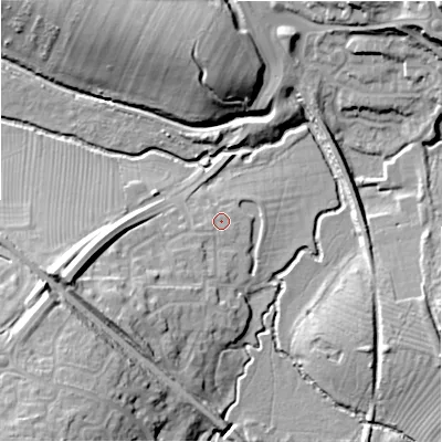 Shaded relief map of the ground around SN55DZ, computed from Environment Agency LiDAR. The ground here sits at about 89 m above sea level and falls 23 m across the surrounding 800 m. Surface water reaching this point runs off ground lying to the west-south-west, 1.5 m higher.