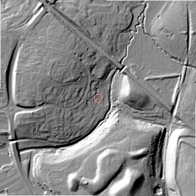 Shaded relief map of the ground around SN55FB, computed from Environment Agency LiDAR. The ground here sits at about 90 m above sea level and falls 27 m across the surrounding 800 m. Surface water reaching this point runs off ground lying to the west-north-west, 13.8 m higher.