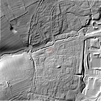 Shaded relief map of the ground around SN55UR, computed from Environment Agency LiDAR. The ground here sits at about 95 m above sea level and falls 23 m across the surrounding 800 m. Surface water reaching this point runs off ground lying to the south-west, 1.2 m higher.