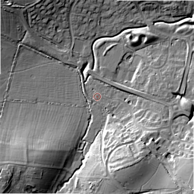 Shaded relief map of the ground around SN56NF, computed from Environment Agency LiDAR. The ground here sits at about 97 m above sea level and falls 23 m across the surrounding 800 m. Surface water reaching this point runs off ground lying to the south-east, 0.8 m higher.