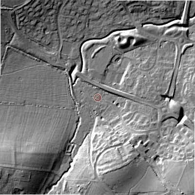 Shaded relief map of the ground around SN56NG, computed from Environment Agency LiDAR. The ground here sits at about 97 m above sea level and falls 23 m across the surrounding 800 m. Surface water reaching this point runs off ground lying to the south-south-east, 15.8 m higher.