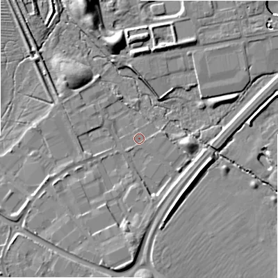 Shaded relief map of the ground around SN57AD, computed from Environment Agency LiDAR. The ground here sits at about 91 m above sea level and falls 11 m across the surrounding 800 m. The ground contributing surface water to this point lies to the east-south-east.