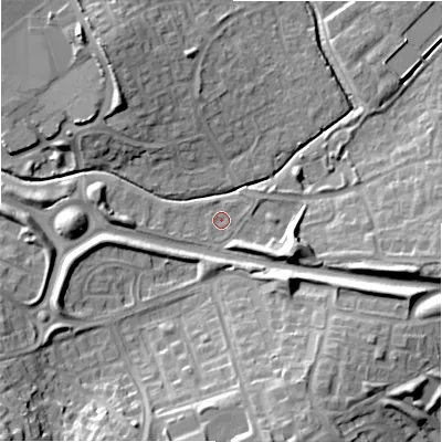 Shaded relief map of the ground around SN57AX, computed from Environment Agency LiDAR. The ground here sits at about 95 m above sea level and falls 22 m across the surrounding 800 m. Surface water reaching this point runs off ground lying to the south-west, 17.9 m higher.