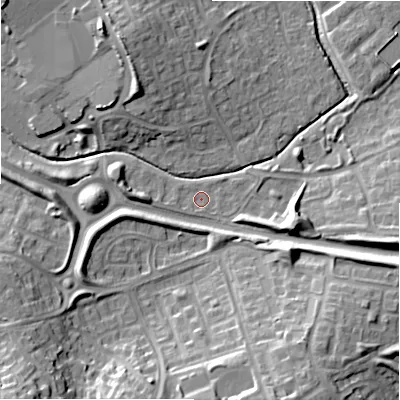 Shaded relief map of the ground around SN57AY, computed from Environment Agency LiDAR. The ground here sits at about 95 m above sea level and falls 22 m across the surrounding 800 m. Surface water reaching this point runs off ground lying to the south-west, 1.2 m higher.