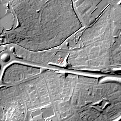 Shaded relief map of the ground around SN57BA, computed from Environment Agency LiDAR. The ground here sits at about 96 m above sea level and falls 19 m across the surrounding 800 m. Surface water reaching this point runs off ground lying to the south-east, 7.7 m higher.