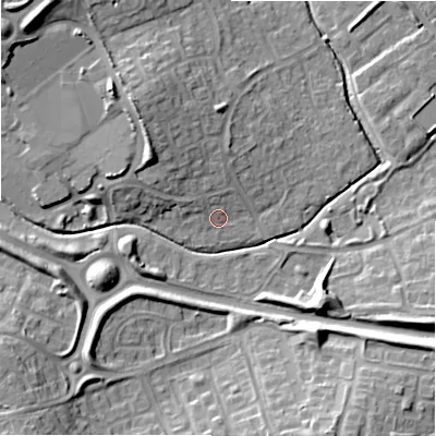 Shaded relief map of the ground around SN57BG, computed from Environment Agency LiDAR. The ground here sits at about 96 m above sea level and falls 18 m across the surrounding 800 m. Surface water reaching this point runs off ground lying to the north-west, 7.8 m higher.