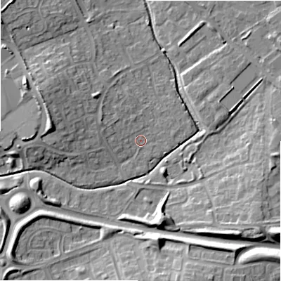 Shaded relief map of the ground around SN57BQ, computed from Environment Agency LiDAR. The ground here sits at about 95 m above sea level and falls 14 m across the surrounding 800 m. Surface water reaching this point runs off ground lying to the south-south-west, 0.6 m higher.